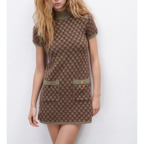 ZARA Gold Button Knit Dress S - Picture 2 of 8
